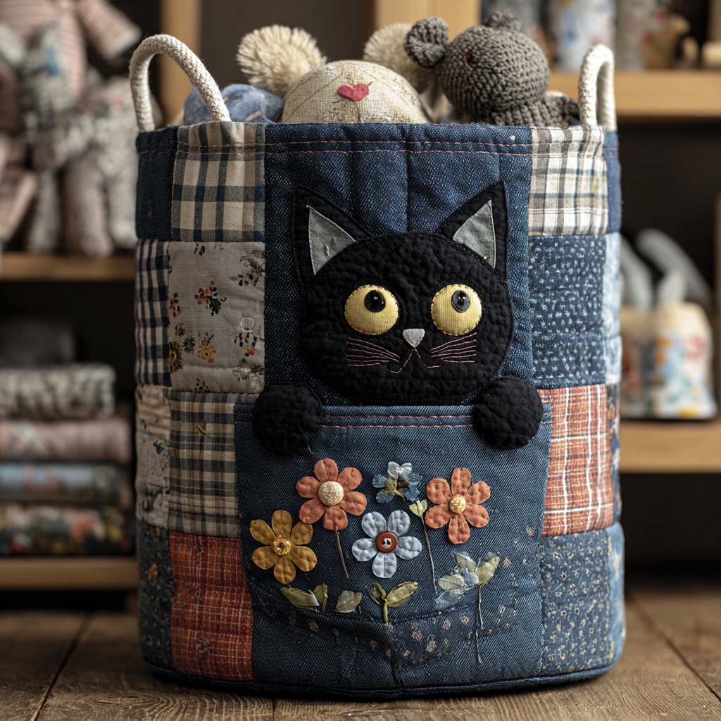 Handgjord Tvättkorg - Denim Katt
