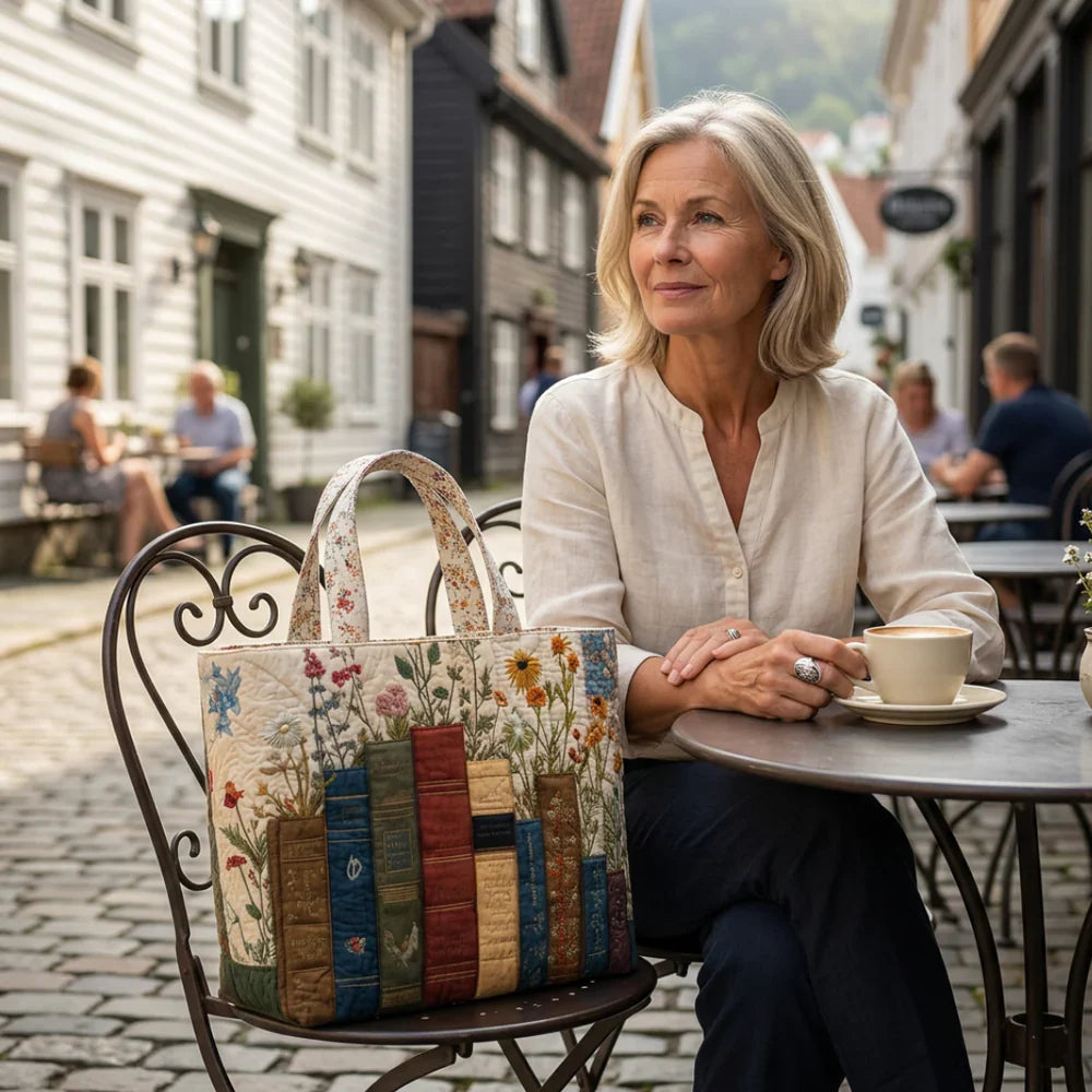 HANDGJORD VÄSKA – BÖCKER OCH BLOMMOR